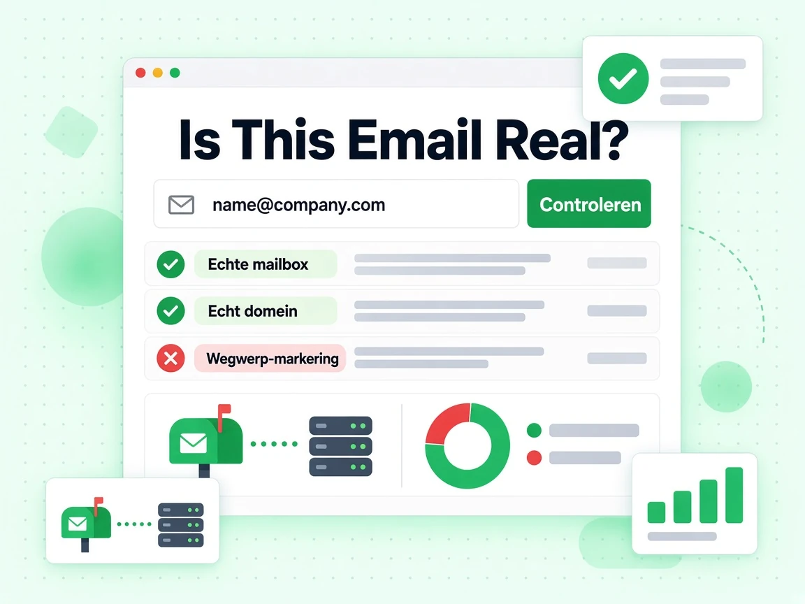 Is This Email Real? formulier met een e-mailinvoer en de resultaten Echte mailbox, Echt domein en een wegwerp-markering