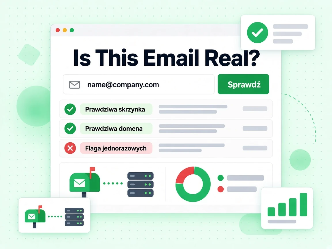 Is This Email Real? z polem e-mail i wynikami Prawdziwa skrzynka, Prawdziwa domena i Flaga jednorazowych
