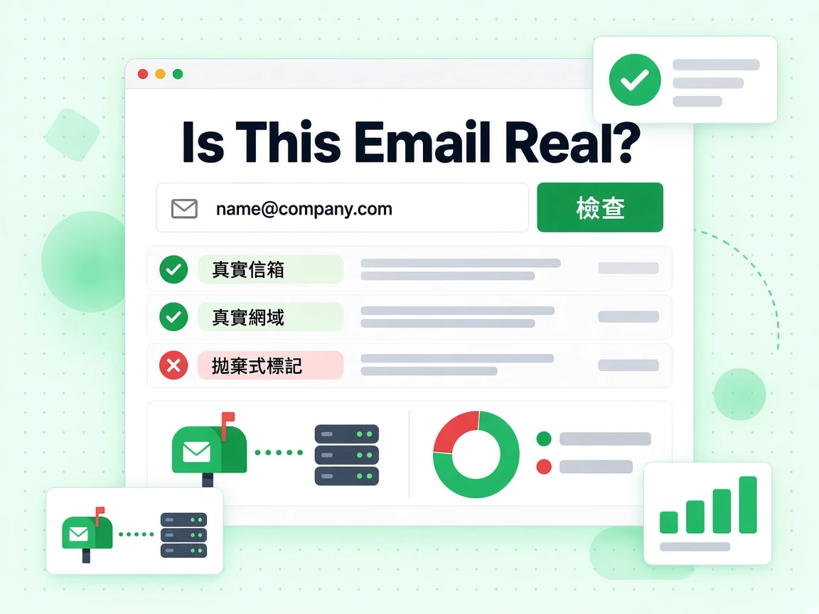 Is This Email Real? 表單含電子郵件輸入與檢查按鈕,並顯示真實信箱、真實網域與拋棄式標記結果。