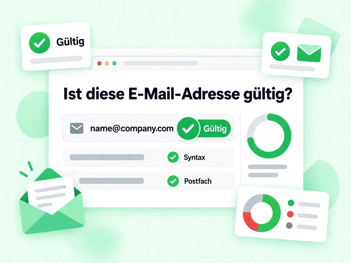 Ist diese E-Mail-Adresse gültig? zeigt name@company.com mit Gültig-Stempel über Syntax- und Postfach-Prüfung