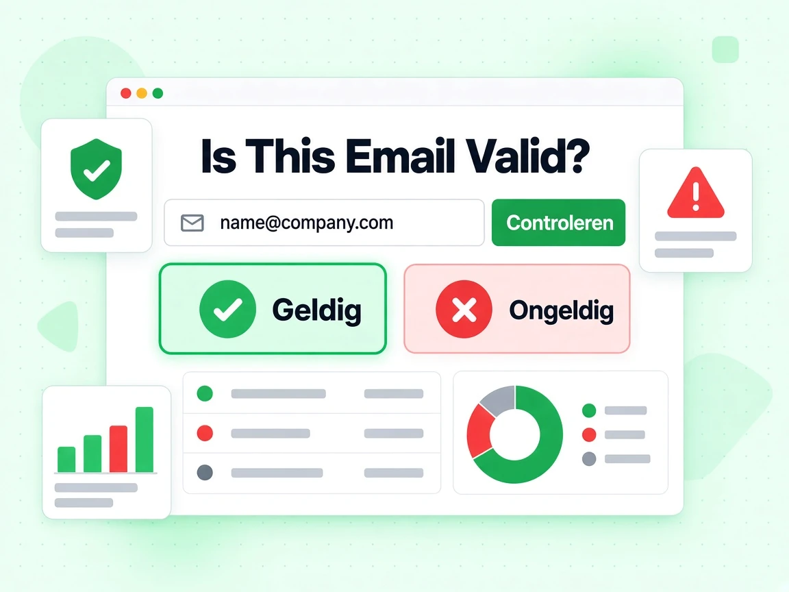 Is This Email Valid? kaart met een e-mailinvoer en naast elkaar een groen Geldig- en rood Ongeldig-oordeel