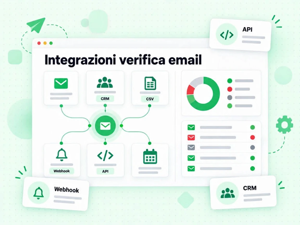 Integrazioni verifica email: sei tile connettore con linee di connessione, badge di stato e bubble di notifica webhook