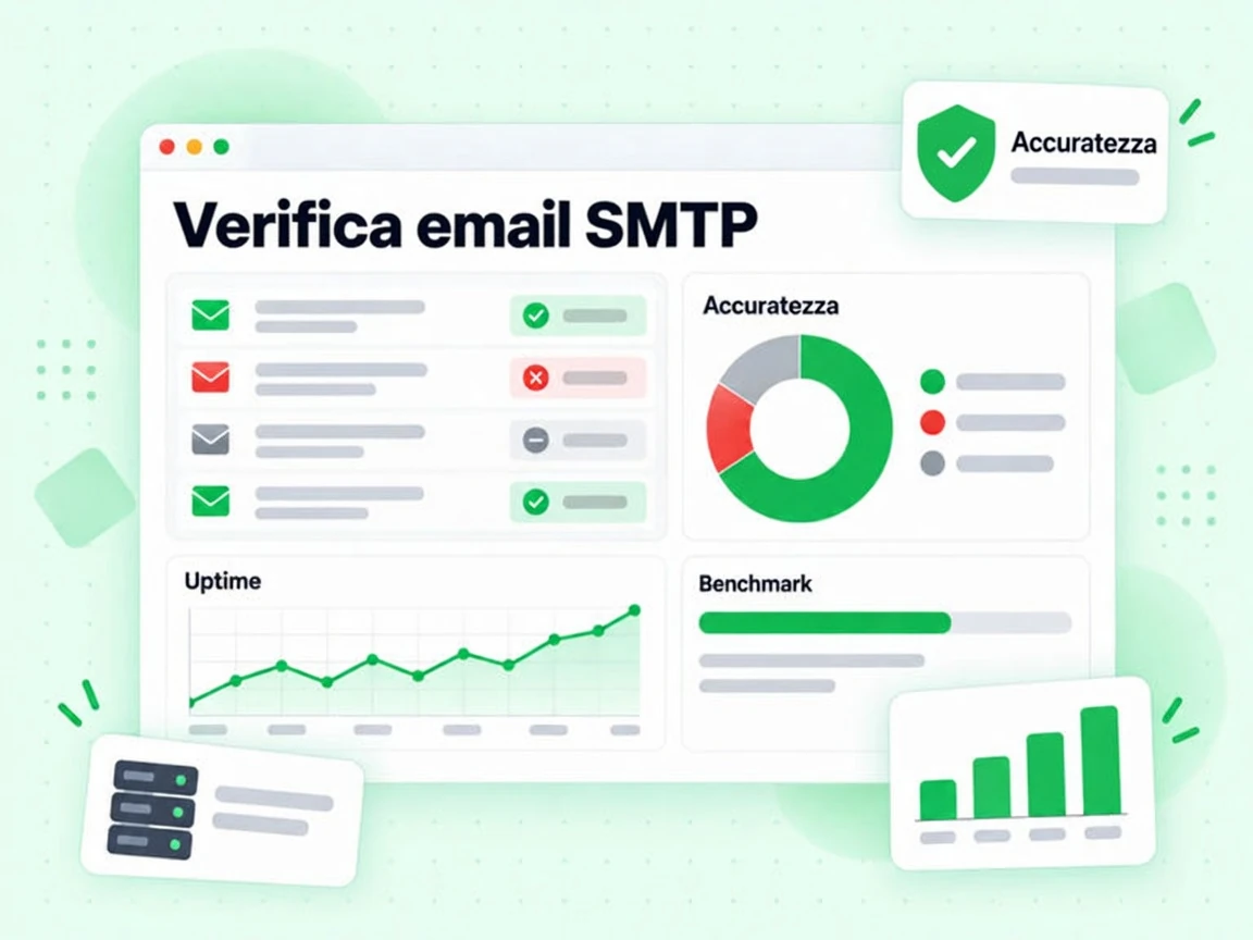 Verifica email SMTP: tabella risultati, ciambella di precisione, trend di uptime e card di spunta