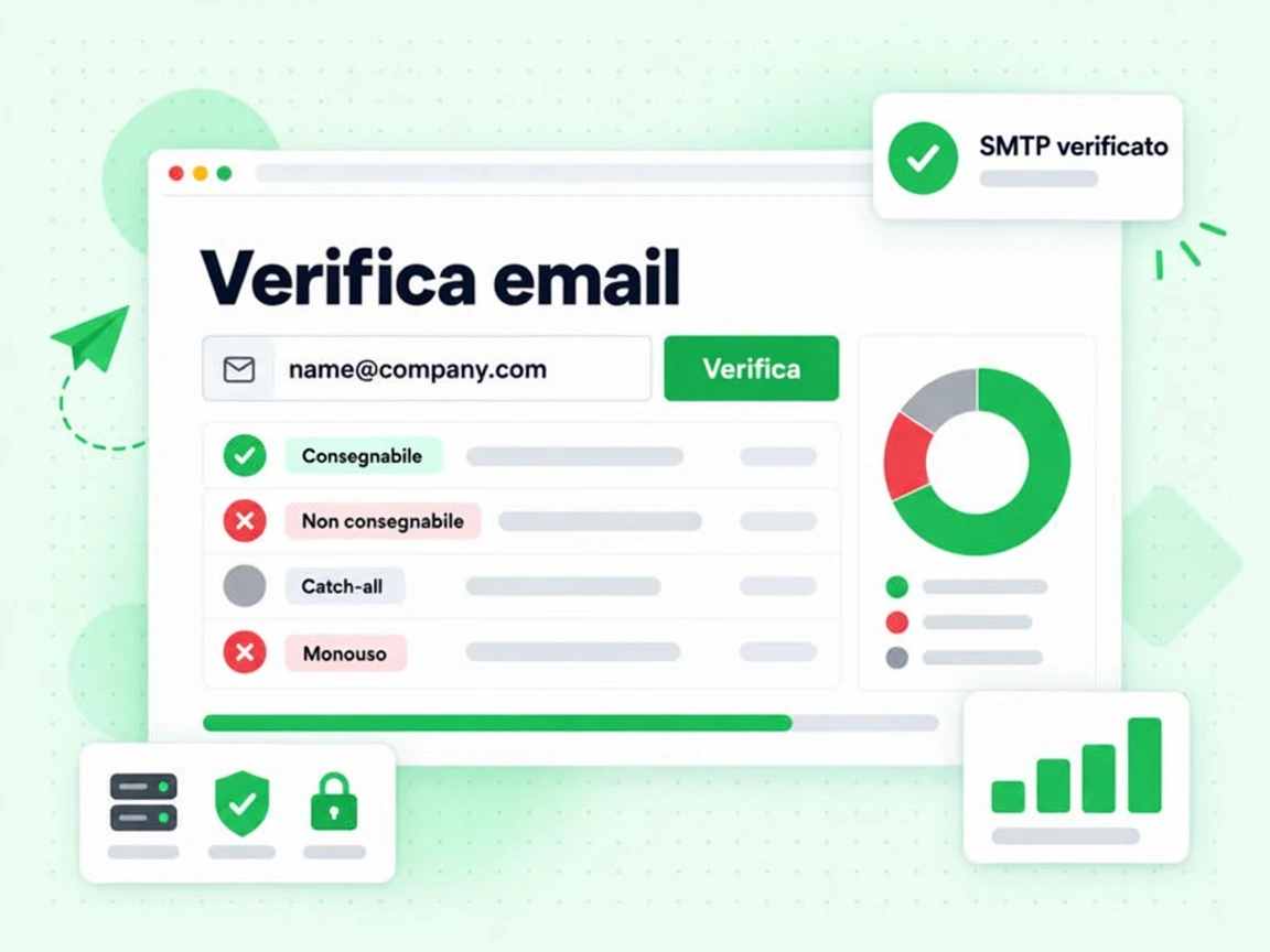 Verifica email: campo con pulsante Verifica, tabella a quattro righe, ciambella e card SMTP verificato