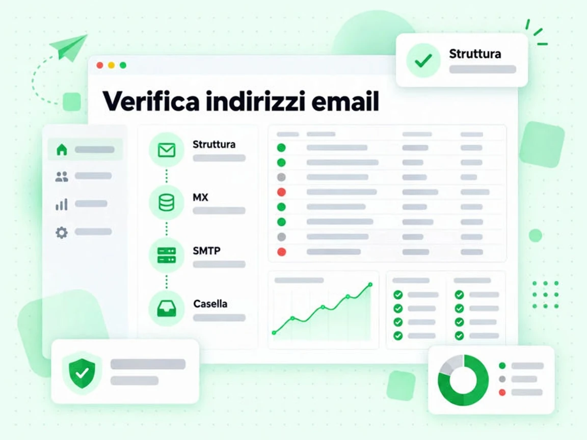 Verifica indirizzi email: checklist a quattro nodi Struttura, MX, SMTP e Casella con riepilogo superato/fail