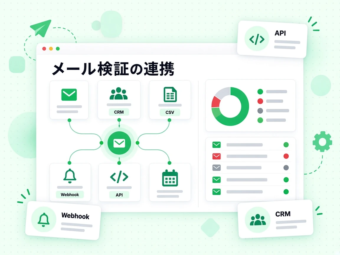 メール検証の連携グリッドは API、Webhook、CRM、CSV インポートのつながりを示す