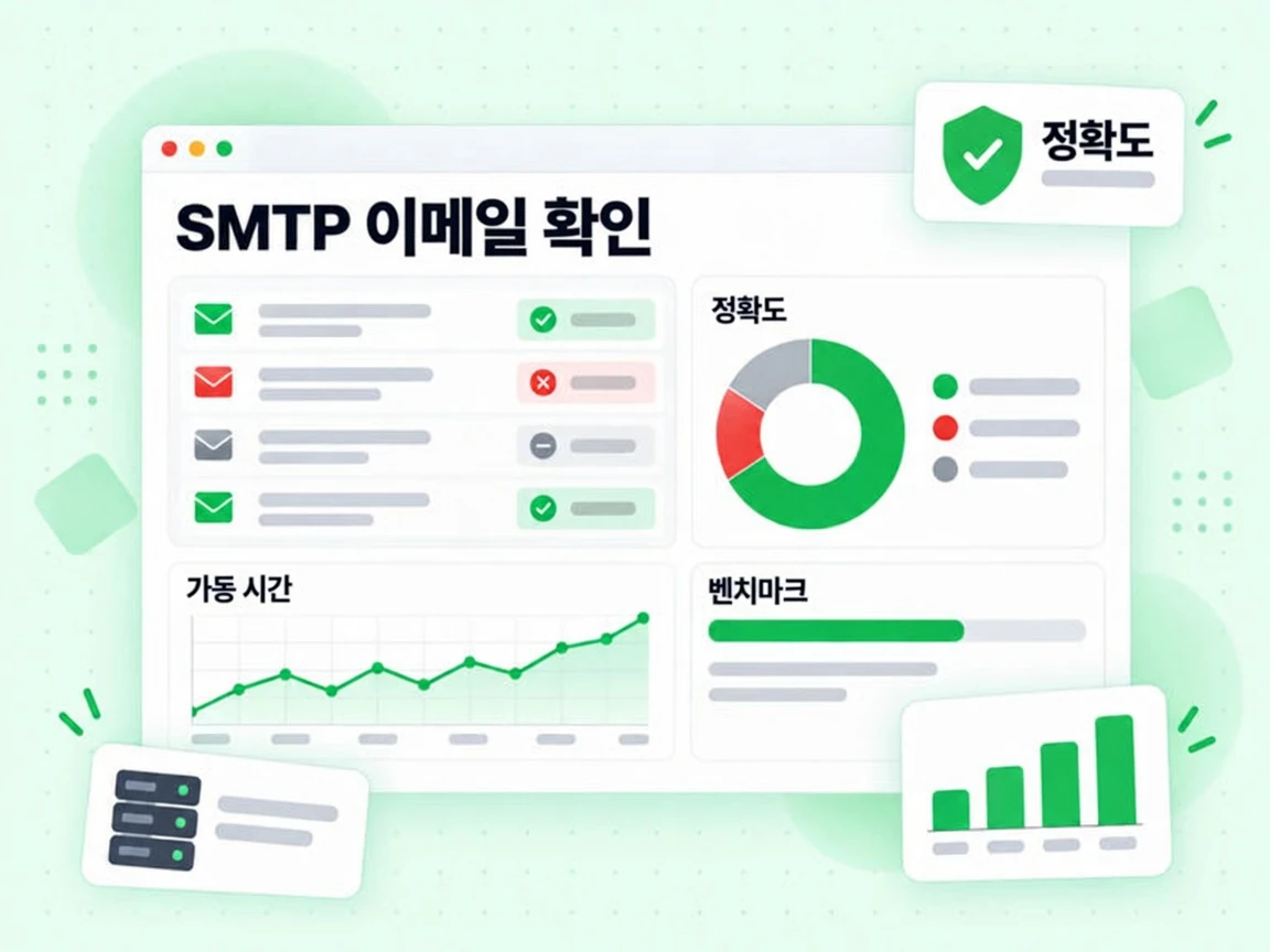 정확도 도넛과 가동 시간 추세선을 보여주는 SMTP 이메일 확인 벤치마크 대시보드