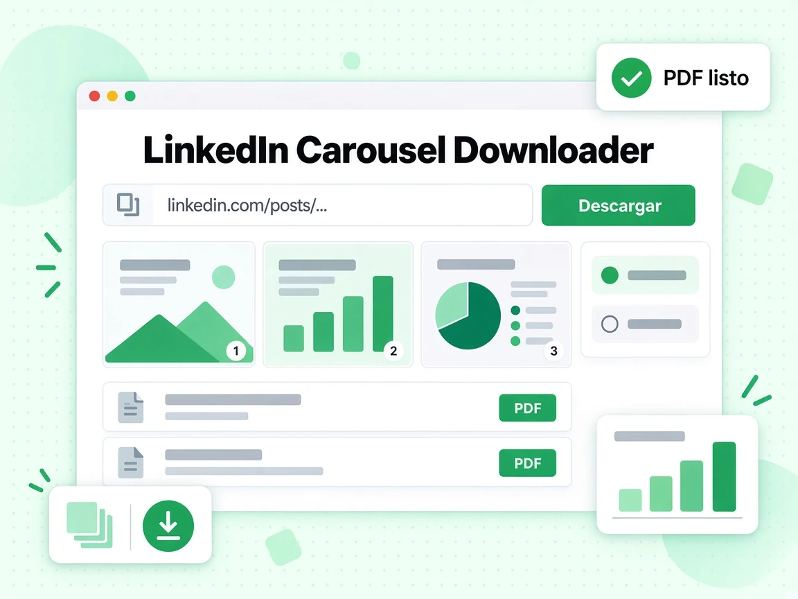 LinkedIn Carousel Downloader con campo de URL, botón Descargar y el resultado PDF listo