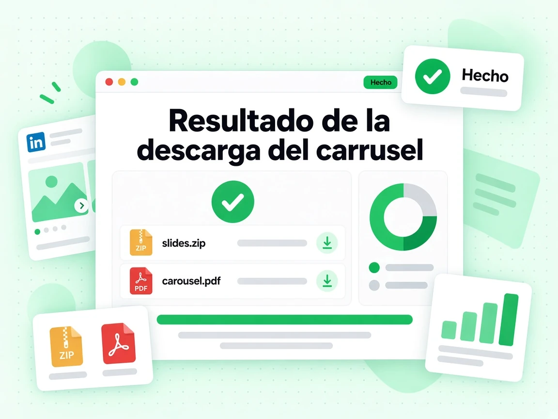 Resultado de la descarga del carrusel muestra un ZIP con las diapositivas y el PDF original, marcado Hecho