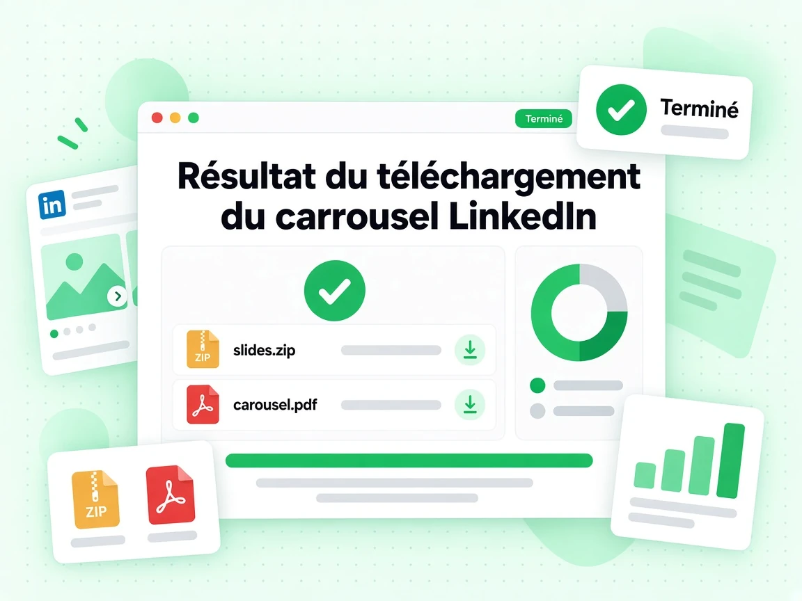 Résultat du téléchargement du carrousel LinkedIn : interface avec slides.zip, carousel.pdf, Terminé