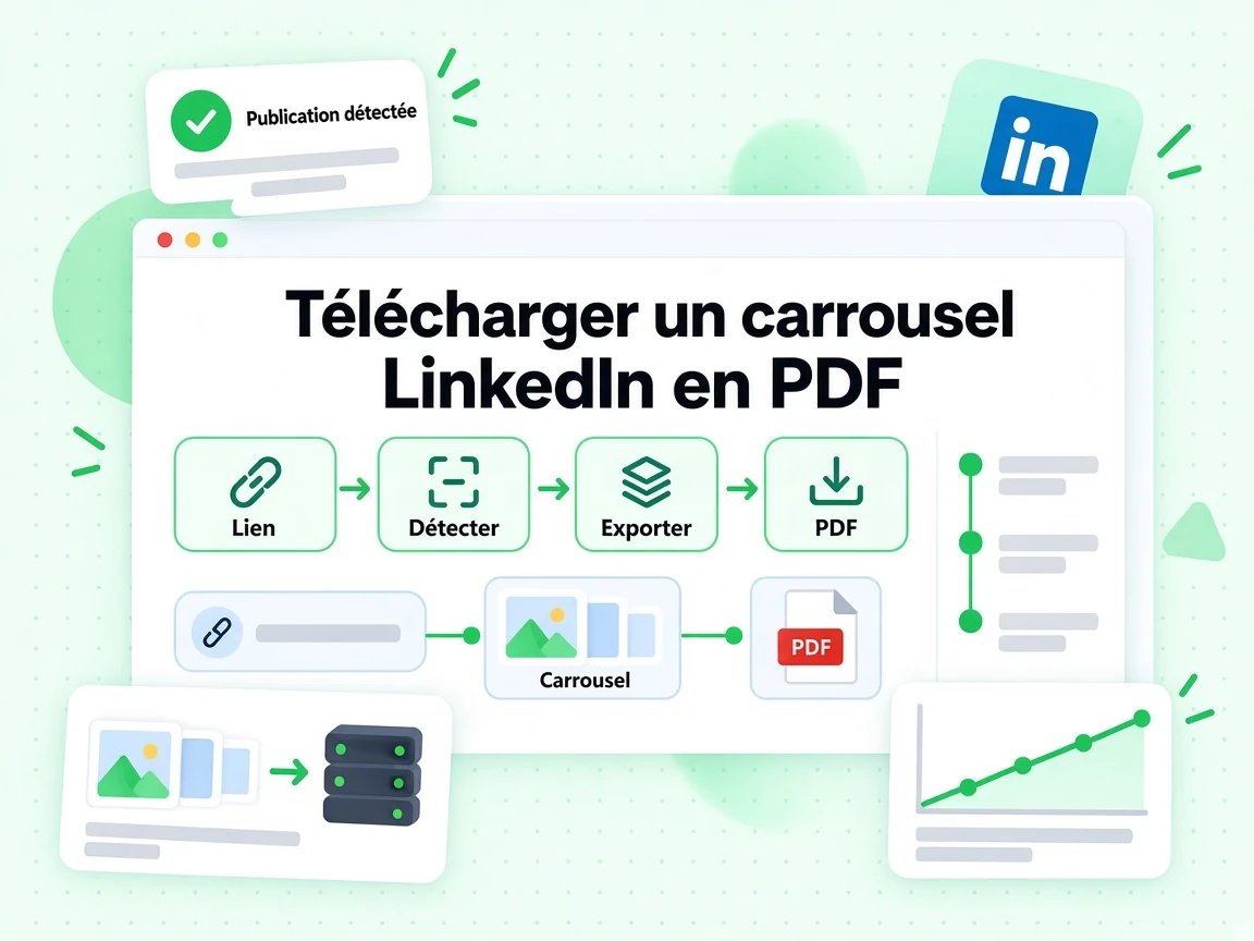 Télécharger un carrousel LinkedIn en PDF : interface avec Lien, Détecter, Exporter, PDF, Carrousel
