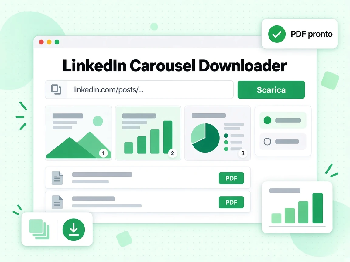 LinkedIn Carousel Downloader con un campo URL del post, il pulsante Scarica e un risultato PDF pronto.