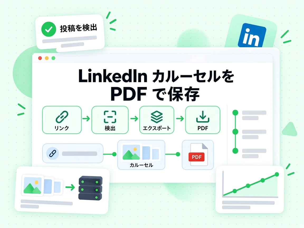 LinkedIn カルーセルを PDF で保存の流れは、リンクから投稿を検出し、カルーセルをエクスポートする。