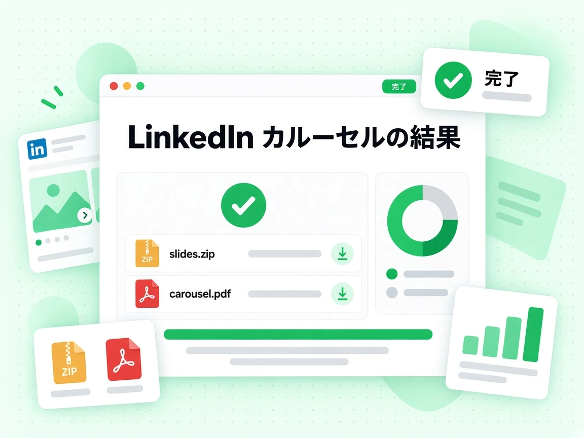 LinkedIn カルーセルの結果は、スライドの ZIP と元の PDF を完了の状態で示す。