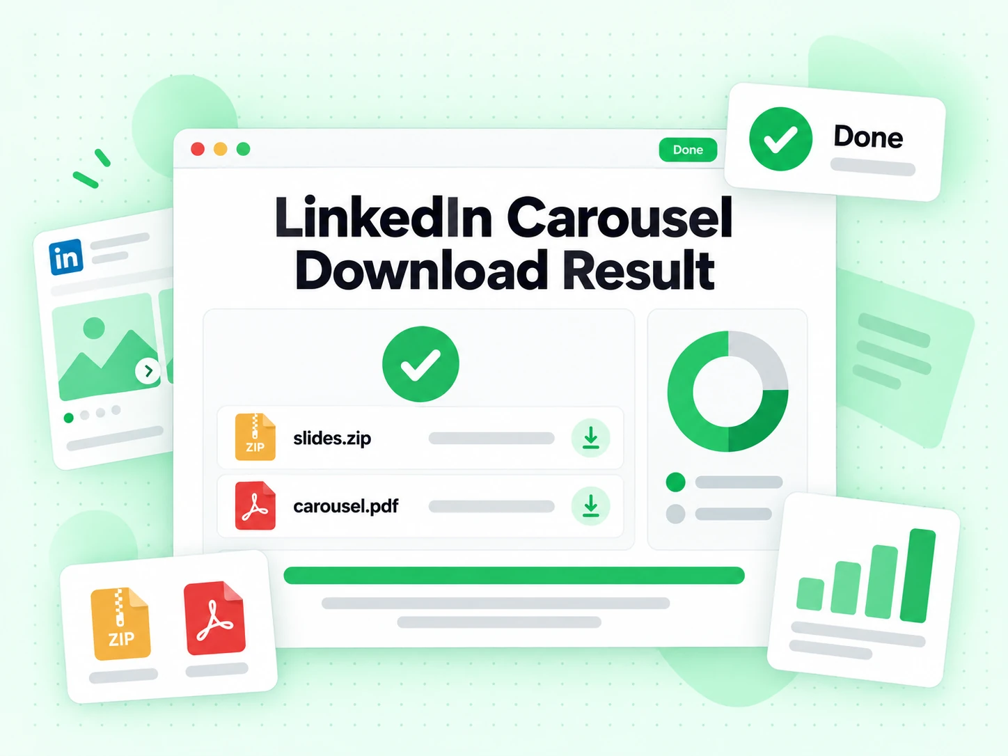 LinkedIn Carousel Download Result showing a ZIP of slides and the original PDF
