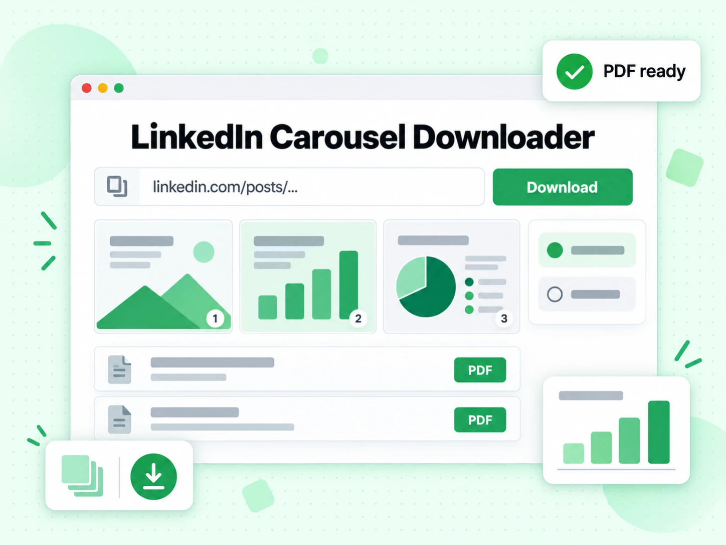 LinkedIn Carousel Downloader with a post URL field, a Download button, and a PDF result