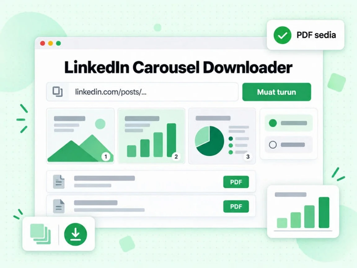 LinkedIn Carousel Downloader dengan medan URL siaran, butang Muat turun dan hasil PDF sedia