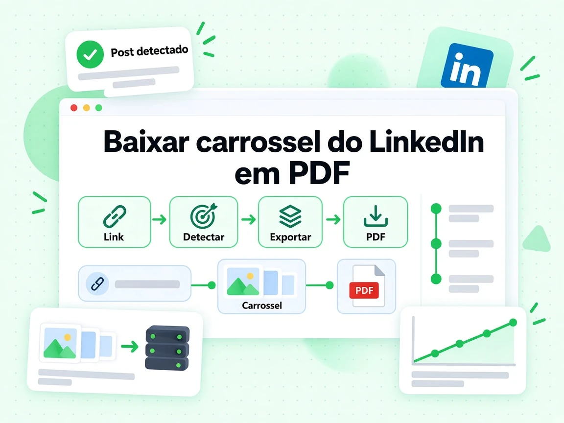 Baixar carrossel do LinkedIn em PDF lê o Link, aciona Detectar e Exportar, com Post detectado