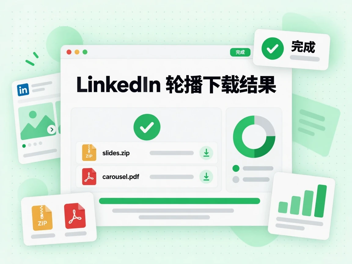 LinkedIn 轮播下载结果展示幻灯片 ZIP 与原始 PDF,状态为完成。