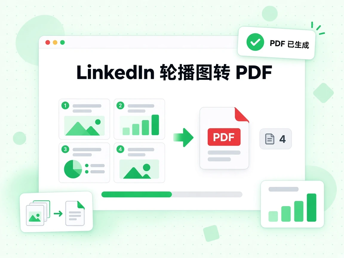 LinkedIn 轮播图转 PDF 把各页幻灯片合成一份可下载文件,并显示 PDF 已生成。