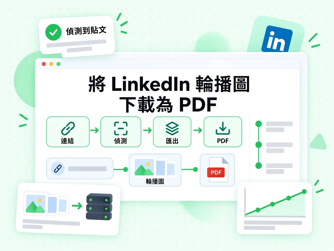 將 LinkedIn 輪播圖下載為 PDF：貼上連結，偵測到貼文後再匯出輪播圖檔案。