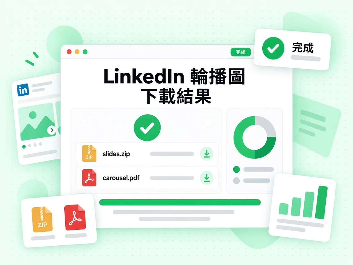 LinkedIn 輪播圖下載結果顯示幻燈片 ZIP 與原始 PDF，並標示完成。