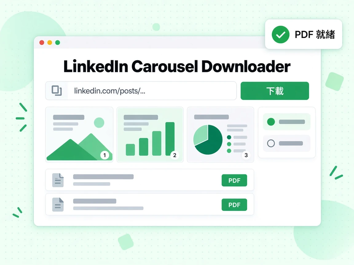 LinkedIn Carousel Downloader 含貼文網址欄、下載按鈕，以及 PDF 就緒的結果。