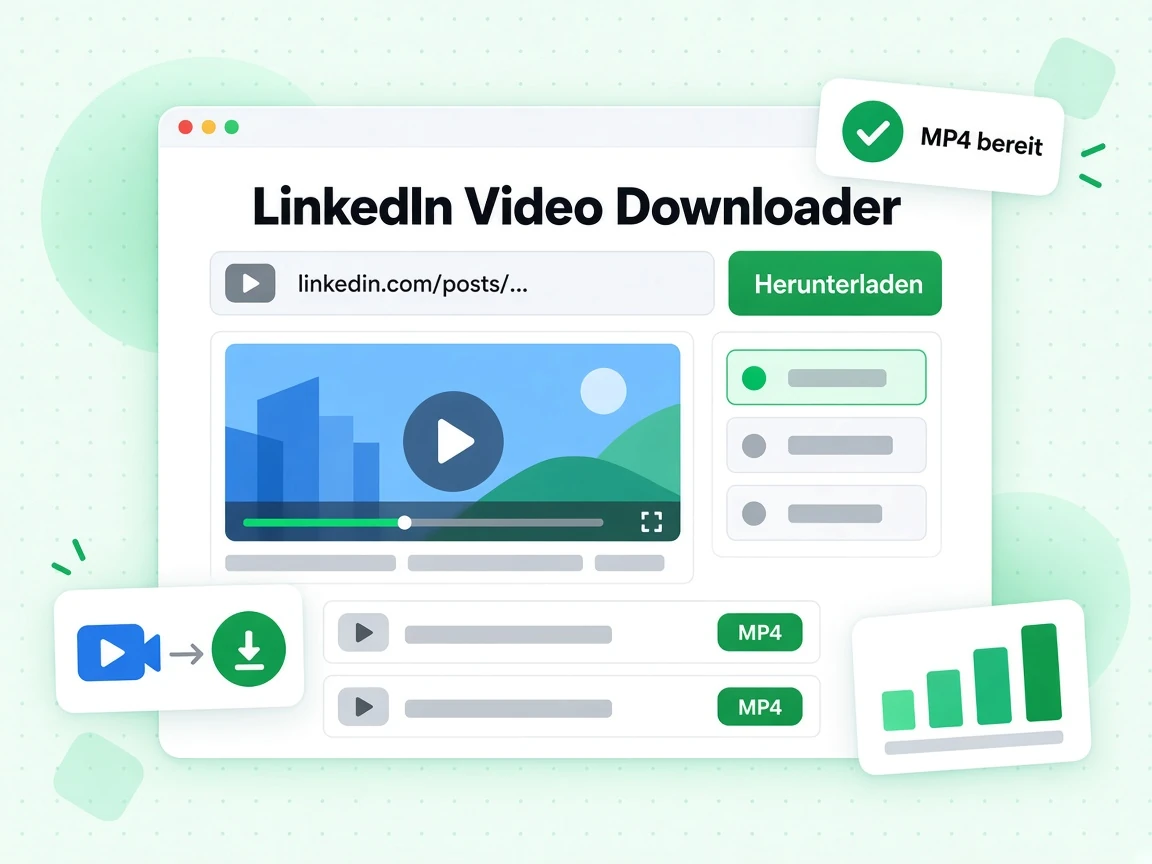 LinkedIn Video Downloader mit Post-URL-Feld, Herunterladen-Button und MP4-Dateiergebnis