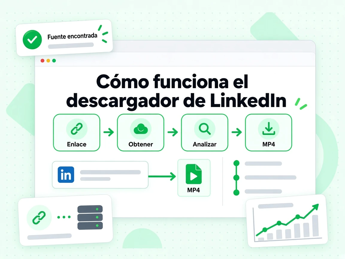 Cómo funciona el descargador de LinkedIn: el flujo Enlace, Obtener y Analizar hasta Fuente encontrada