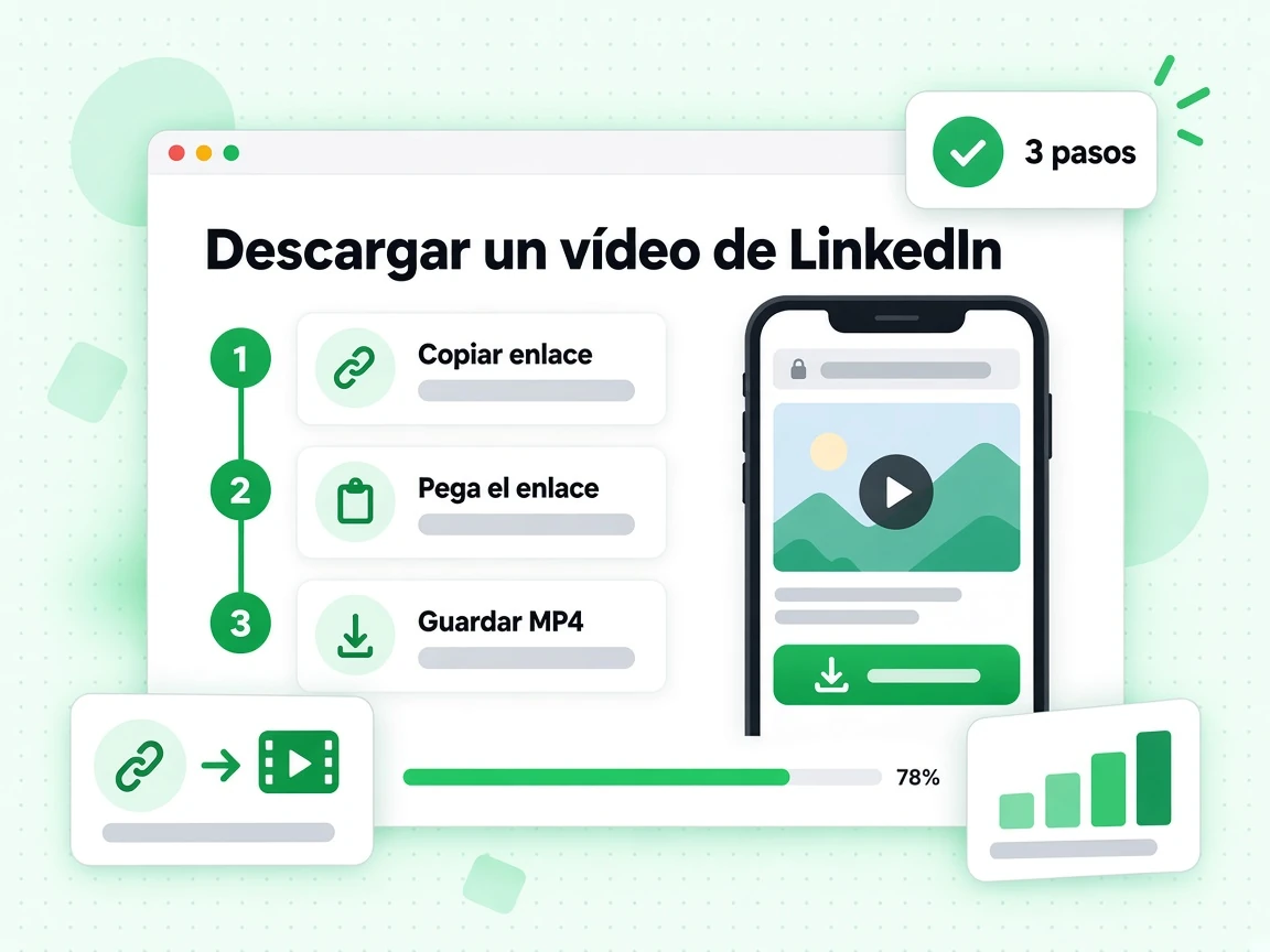 Descargar un vídeo de LinkedIn en 3 pasos: Copiar enlace, Pega el enlace y Guardar MP4