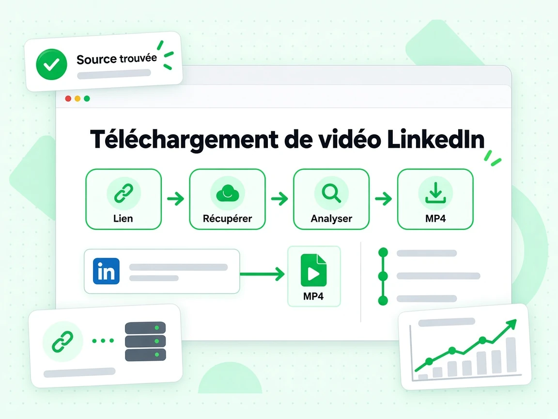 Téléchargement de vidéo LinkedIn : interface avec Lien, Récupérer, Analyser, MP4, Source trouvée
