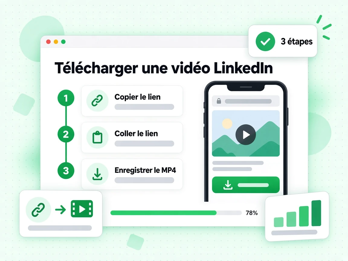 Télécharger une vidéo LinkedIn : interface avec Copier le lien, Coller le lien, Enregistrer le MP4, 3 étapes, F;