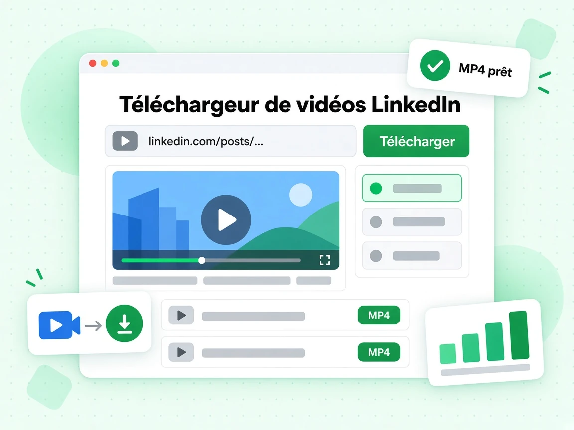 Téléchargeur de vidéos LinkedIn : interface avec Télécharger, MP4, MP4 prêt, 4[
h{BϠC,Bc5y, 4l|G|x