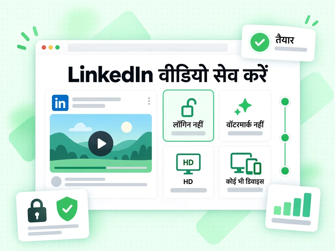LinkedIn वीडियो सेव करें सुविधा कार्ड: लॉगिन नहीं, वॉटरमार्क नहीं, HD और कोई भी डिवाइस, वीडियो प्रीव्यू के साथ