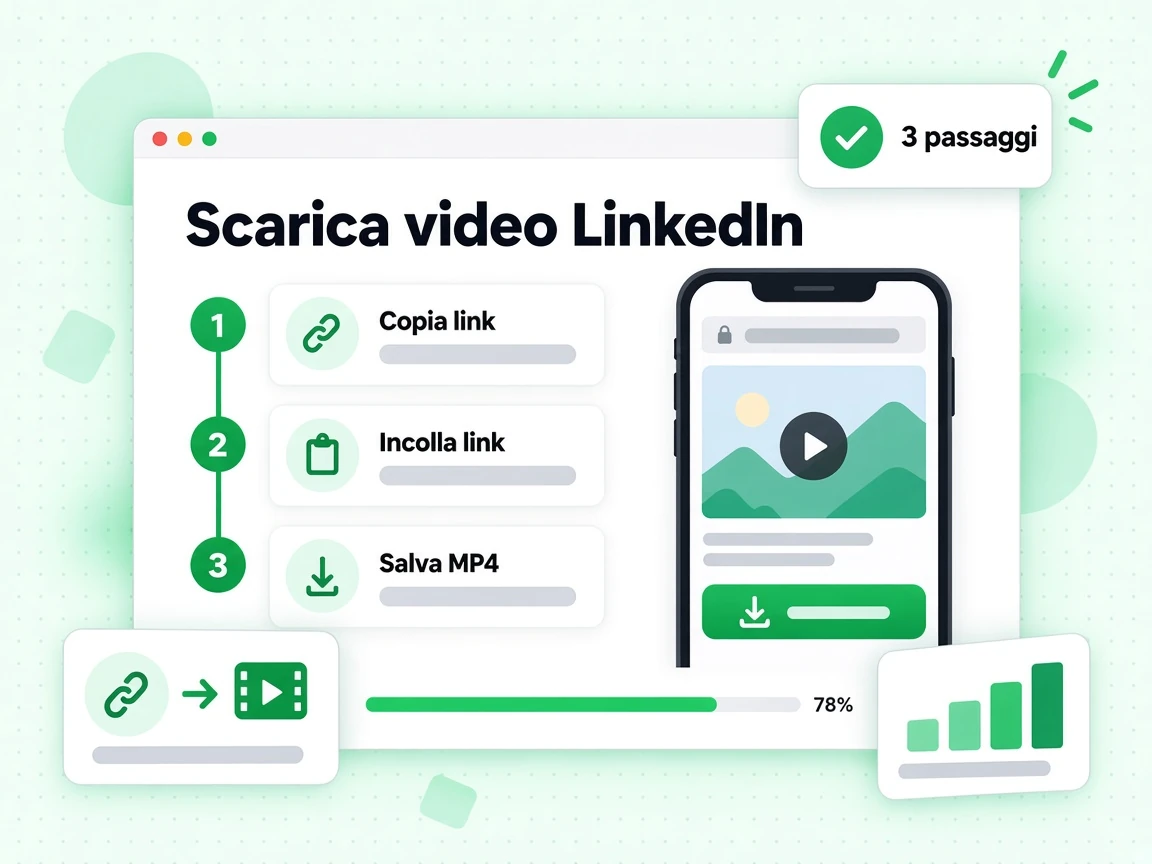 Scarica video LinkedIn in tre passaggi: Copia link, Incolla link e Salva MP4.
