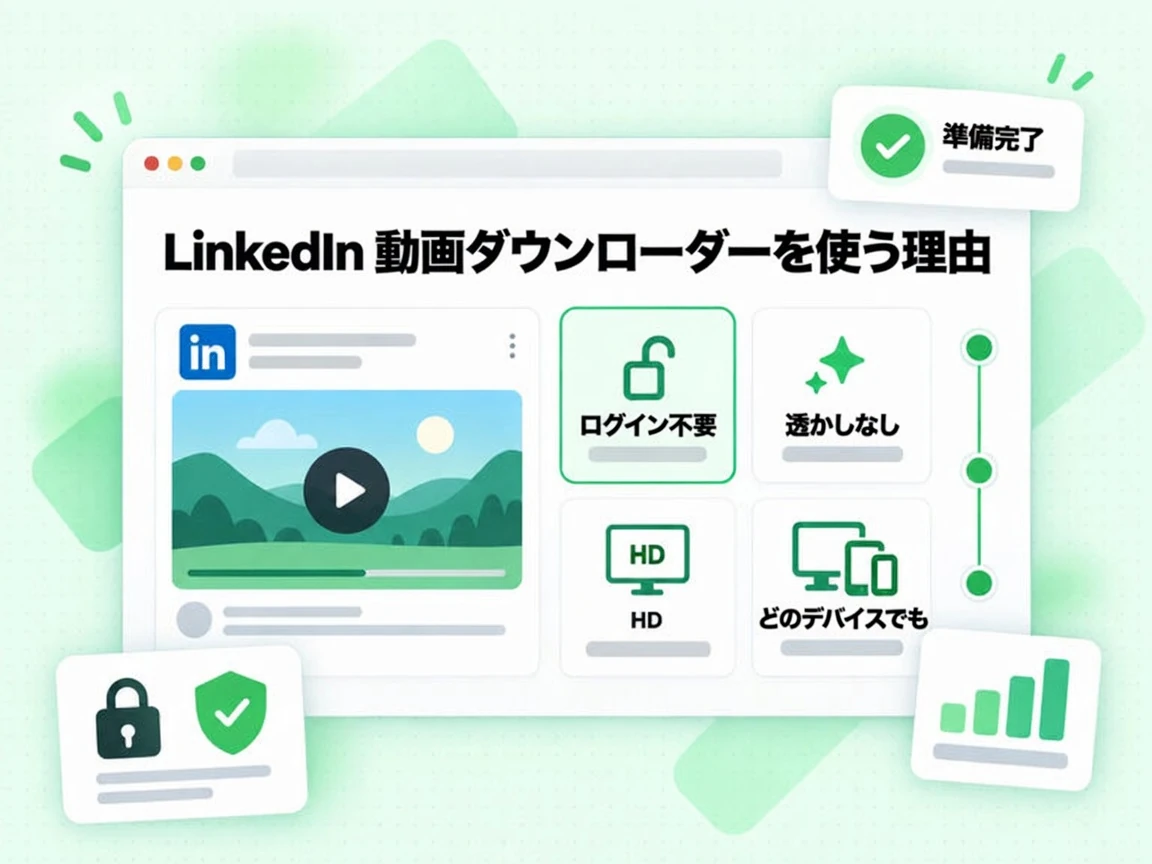 LinkedIn 動画ダウンローダーを使う理由はログイン不要、透かしなし、HD、どのデバイスでも使える点を示す