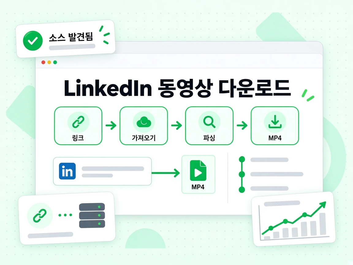 게시물 링크에서 원본 MP4 파일로 이어지는 LinkedIn 동영상 다운로드 흐름