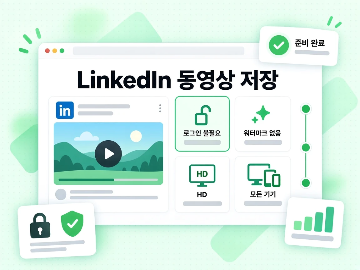 LinkedIn 동영상 저장 기능 카드에 로그인 불필요, 워터마크 없음, HD, 모든 기기가 표시된 화면