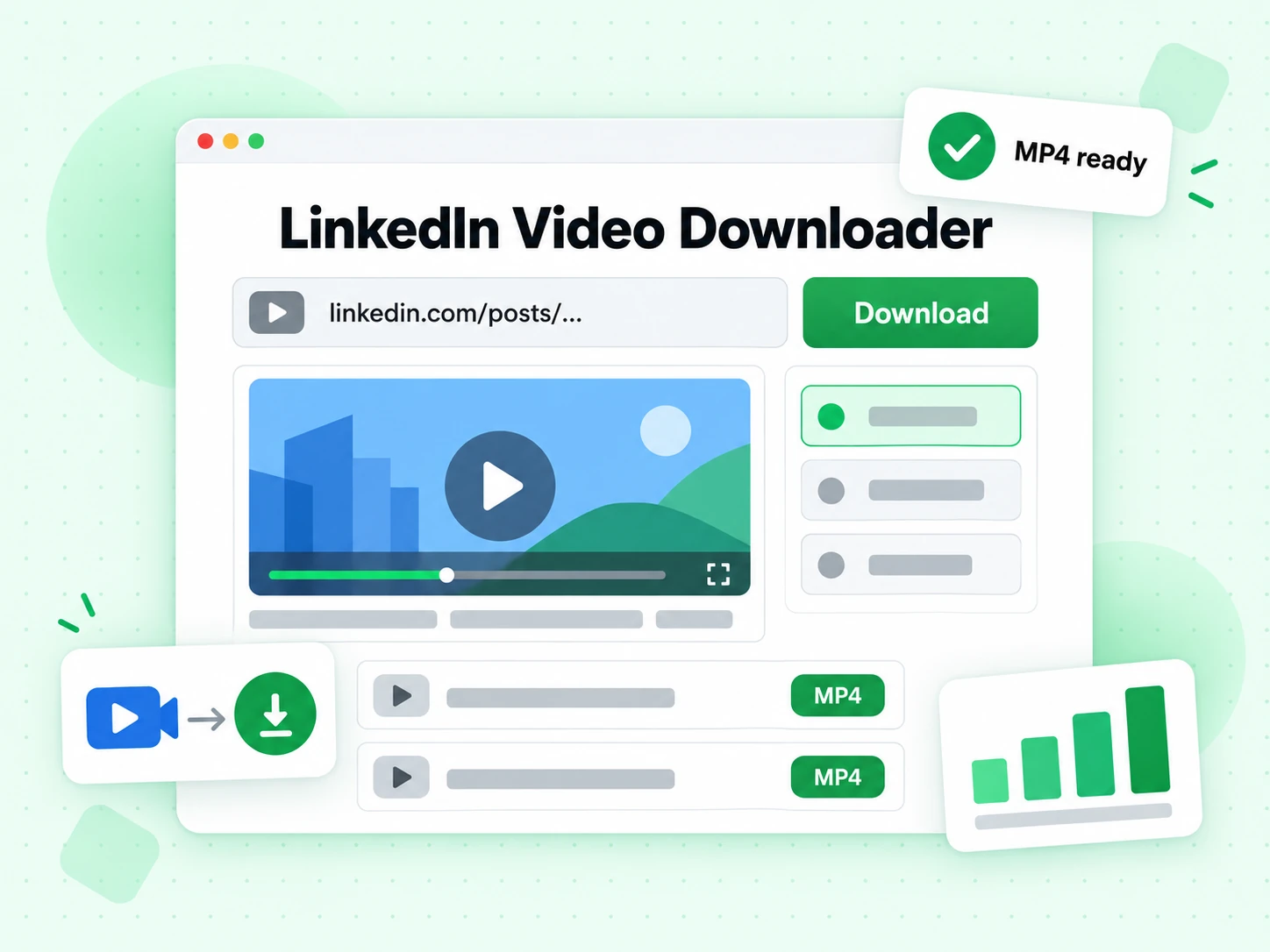 LinkedIn Video Downloader with a post URL field, a Download button, and an MP4 file result