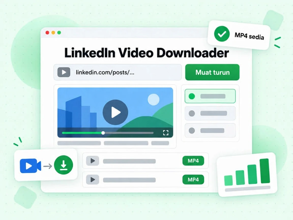 LinkedIn Video Downloader dengan medan URL siaran, butang Muat turun dan fail MP4 sedia
