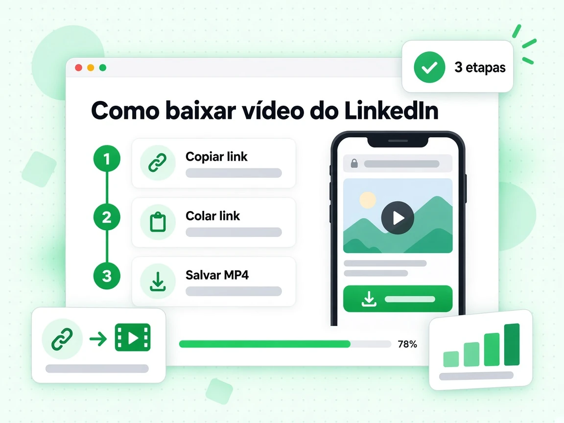Como baixar vídeo do LinkedIn em 3 etapas: Copiar link, Colar link e Salvar MP4