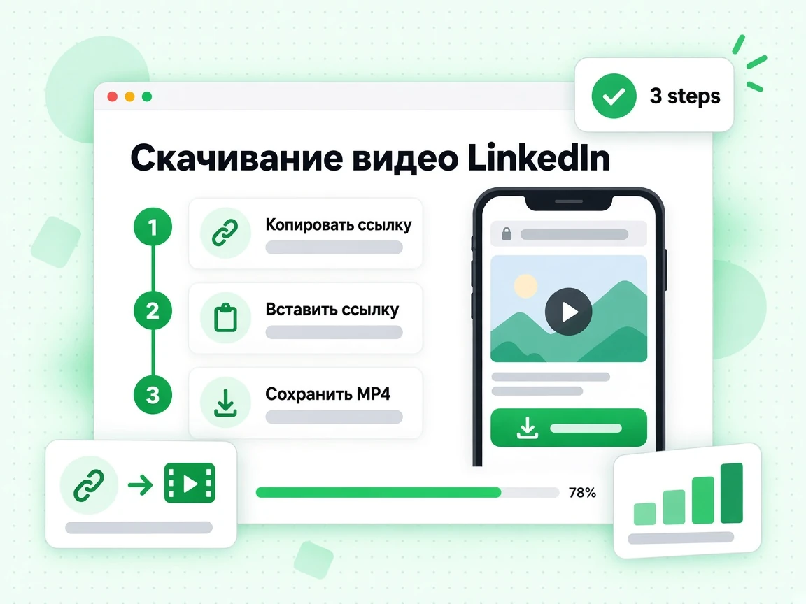 Скачивание видео LinkedIn в три шага: Копировать ссылку, Вставить ссылку, Сохранить MP4.