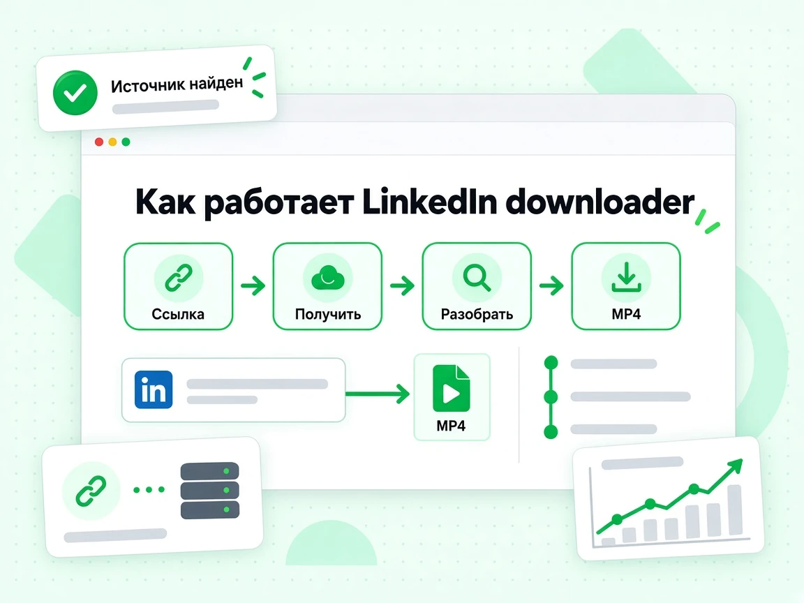 Как работает LinkedIn downloader: от поля Ссылка через Получить и Разобрать к файлу MP4, Источник найден