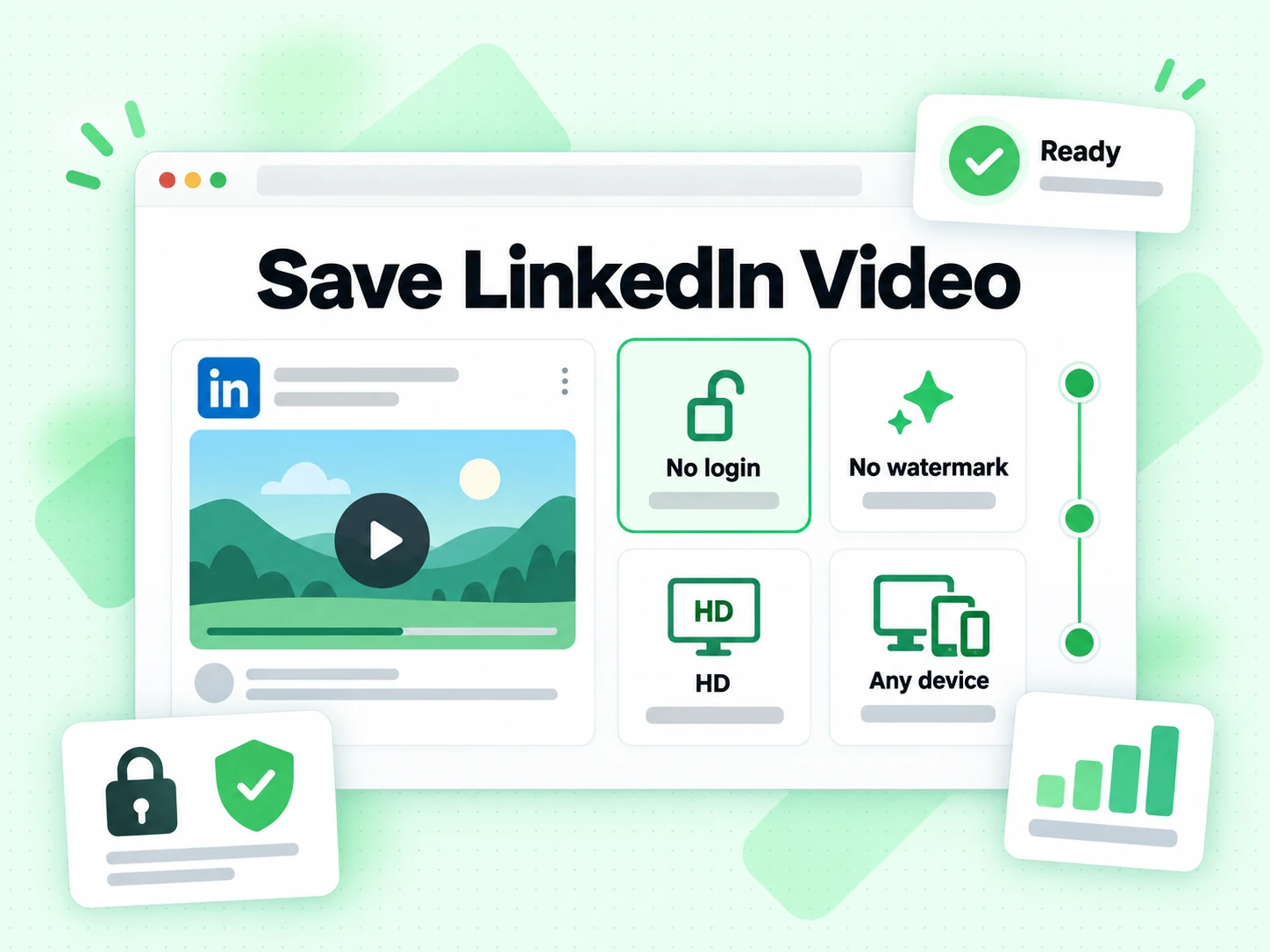 Save LinkedIn Video feature cards for No login, No watermark, HD and Any device beside a video preview