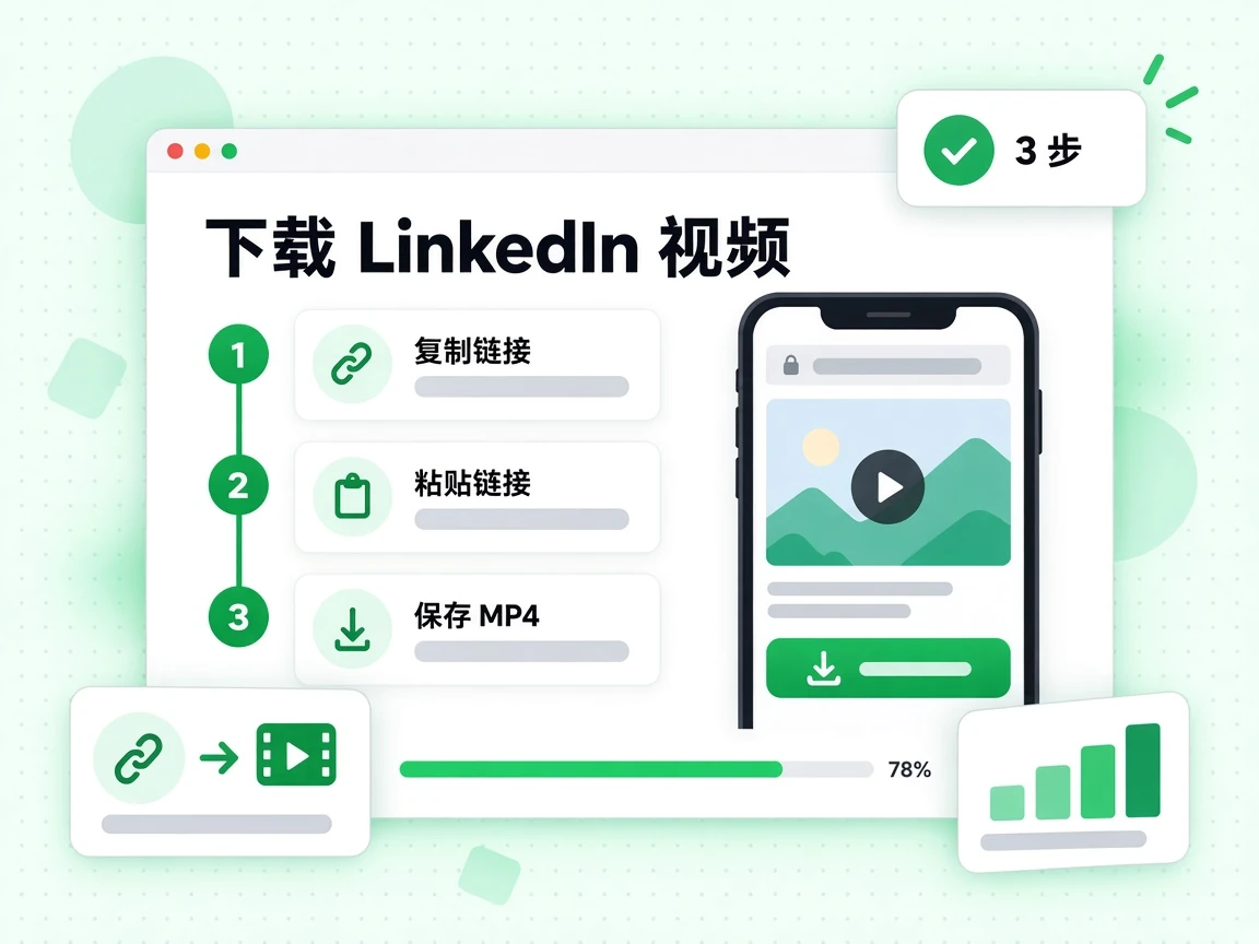 下载 LinkedIn 视频共 3 步：复制链接、粘贴链接、保存 MP4。