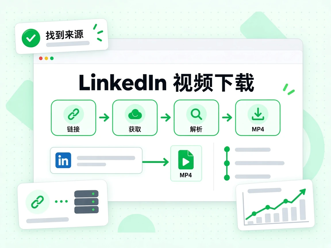 LinkedIn 视频下载从链接经获取与解析得到原生 MP4，并显示找到来源。