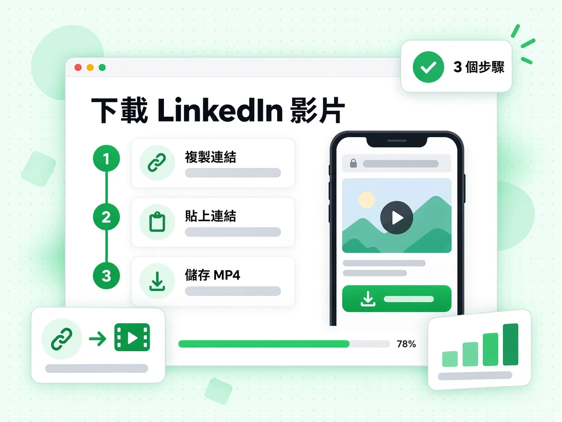 下載 LinkedIn 影片以 3 個步驟呈現：複製連結、貼上連結，再儲存 MP4。