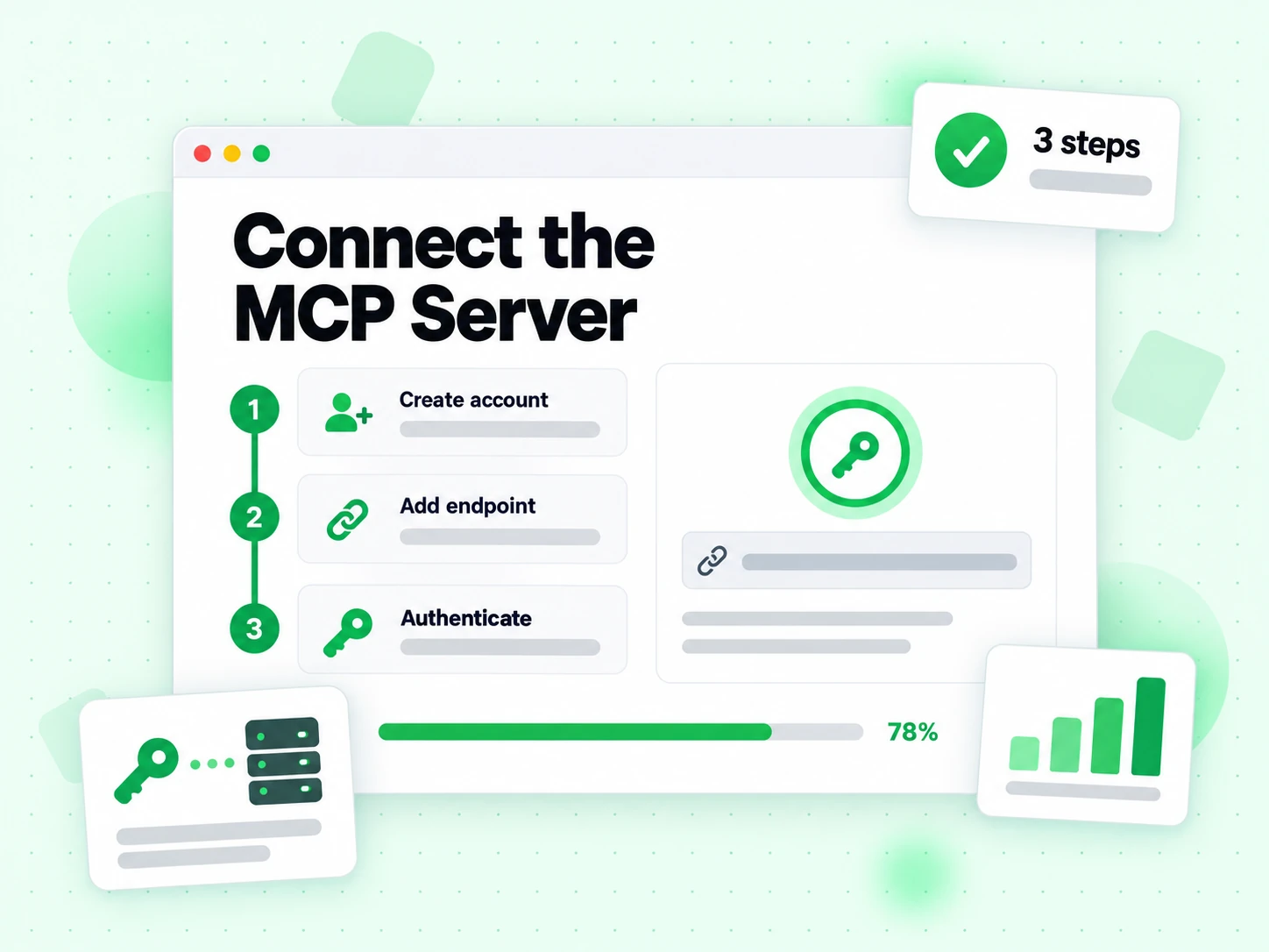 Connect the MCP Server in three steps: create an account, add the endpoint, and authenticate