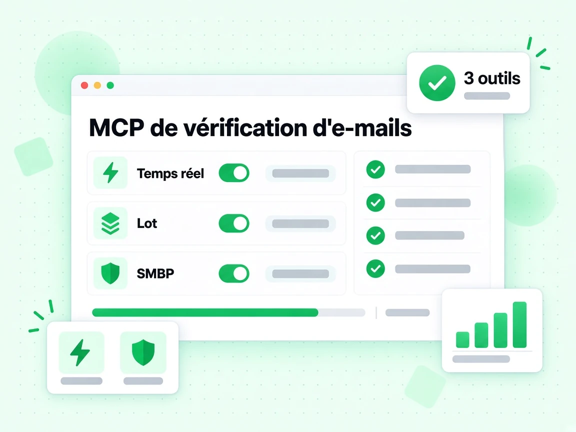 MCP de vérification d'e-mails : interface avec Temps réel, Lot, SMTP, 3 outils, c '_Me&+cYM2ӳG0X