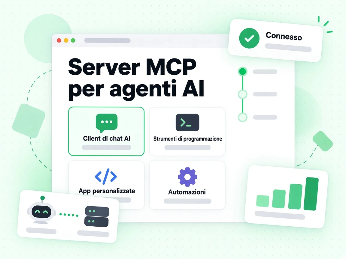 Server MCP per agenti AI collegato a client di chat AI, strumenti di programmazione e app personalizzate.